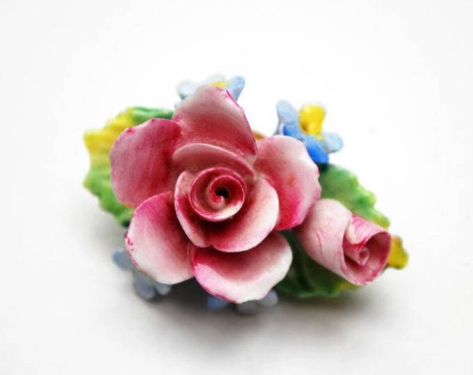 Artone Flower Brooch earring set - Bone China - Pink Blue ceramic -Made in England - Floral pin - Clip on earrings