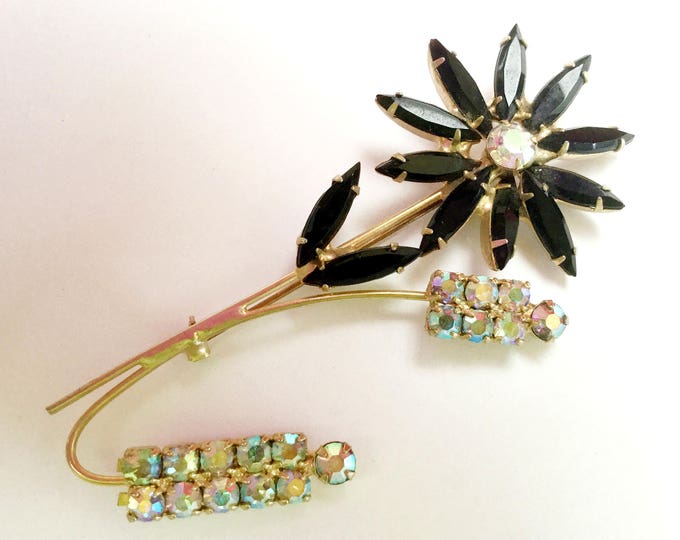 Rhinestone Flower Brooch - black facet crystals petals - Aurora borealis - Floral pin