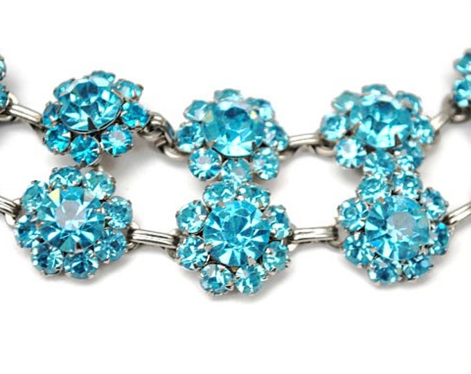 Blue rhinestone bracelet - double strand Link - Rhinestone flower - mid century - light baby blue bangle