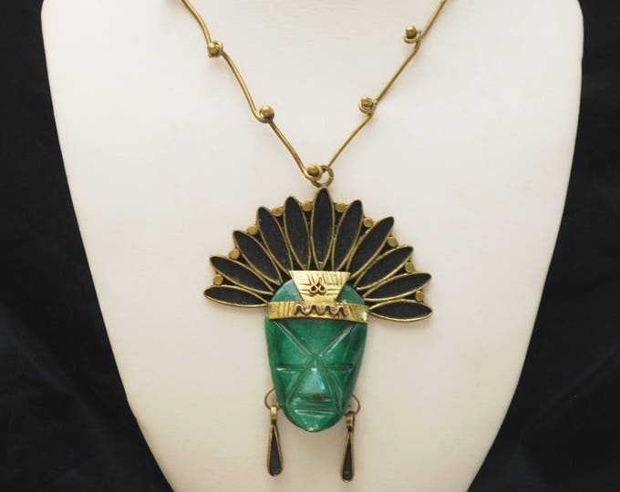 Green Onyx Mask Necklace - Signed Mexico -Brass- Tribal Aztec - Carved gemstone gemstone - Boho Face head dress pendant