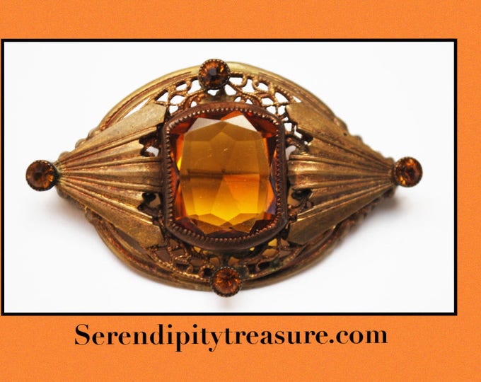 Amber Citrine Glass Brooch - Gold Filigree Gilt Brass - orange Crystal - Vintage Pin