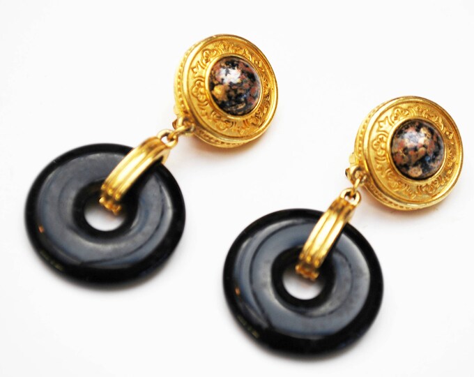 Liz claiborne Earrings -dangle drop - black - Gold plated clip on earring