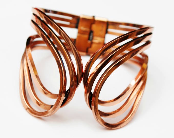 Renoir Copper Bangle - Hinged Bracelet - wide wire - Scroll Rhythm- bangle cuff - Mid century Mod