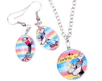 Set Necklace Earrings Popeye and oliver Double sided cabochon (1318B)
