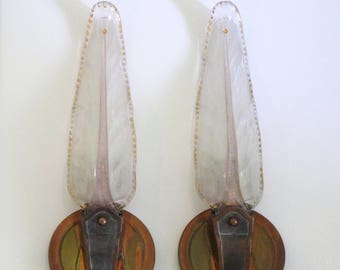 Art Deco Pair Light Sconces-1930s French Pair Wall Lights-Heavy Molded Murano Glass-Copper & Metal holders-The Epitome of Elegance and Style