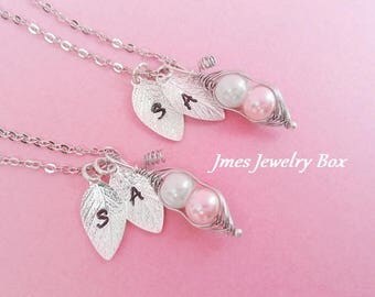 Two peas in a pod necklace set with hand stamped initials