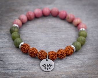 Prosperity bracelet Lotus bracelet Rhodonite bracelet Jade bracelet Rudraksha Mala bracelet Meditation yoga bracelet stack Wrist mala beads