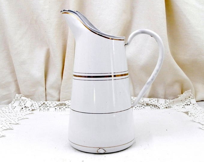 Antique French White with Gold Bands Enamelware Pitcher, Chippy Cottage Kitchen Enamel Jug, French Country Chateau Shabby Chic Decor,