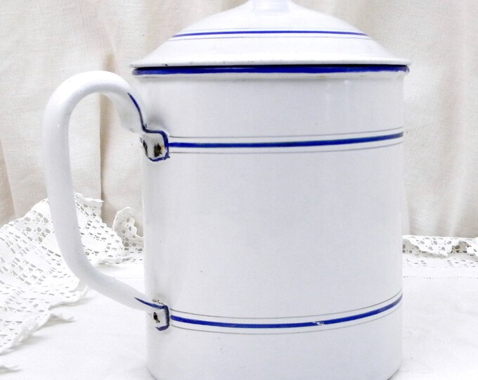 Large Antique French Lidded Sugar Canister with Handle, Made by E.P.G.O in France White Enamelware Pot with Lid and Blue Bands, Cookware