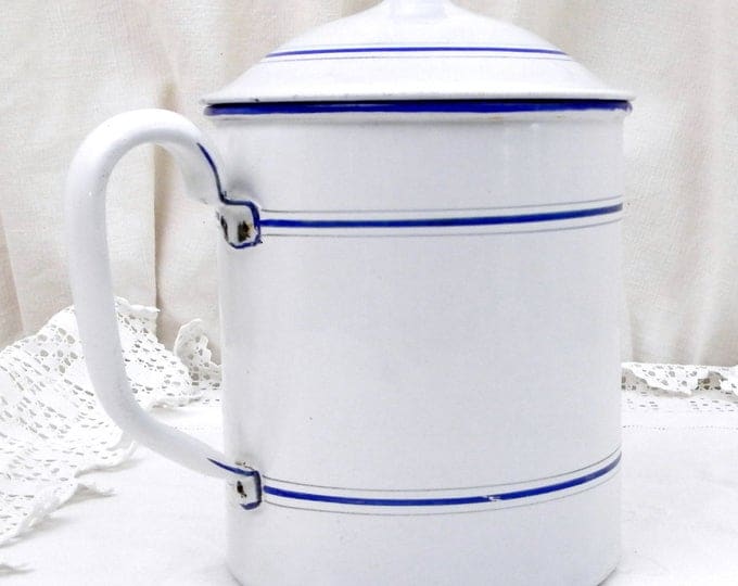 Large Antique French Lidded Sugar Canister with Handle, Made by E.P.G.O in France White Enamelware Pot with Lid and Blue Bands, Cookware Large Antique French Lidded Sugar Canister with Handle, Made by E.P.G.O in France White Enamelware Pot with Lid and Blue Bands, Cookware