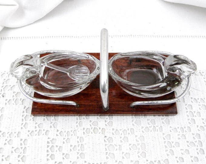 Vintage Glass Duck Salt and Pepper Serving Vessels Glass Spoon with Wooden and Metal Tray From France, French Salt N Pepper Tableware