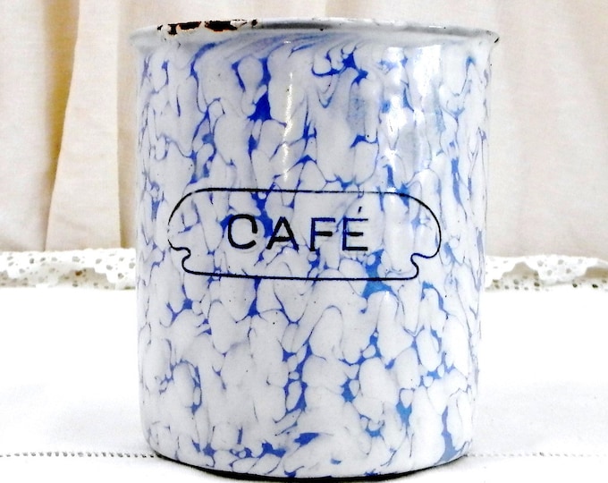 2 Antique French Chippy White and Blue Marbled Enamel Coffee and Chicoree Canisters, French Country Kitchen Enamelware Decor, Desk Tidy