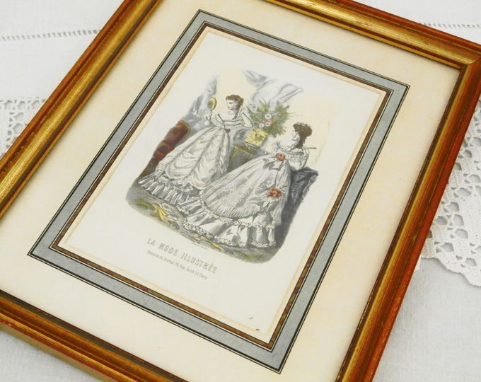 Antique French Framed Colored Engraving Picture from " La Mode Illustrée" in Gold Gilt Frame, Victorian Era Fashion, Napoleaon 3 Dress Antique French Framed Colored Engraving Picture from " La Mode Illustrée" in Gold Gilt Frame, Victorian Era Fashion, Napoleaon 3 Dress