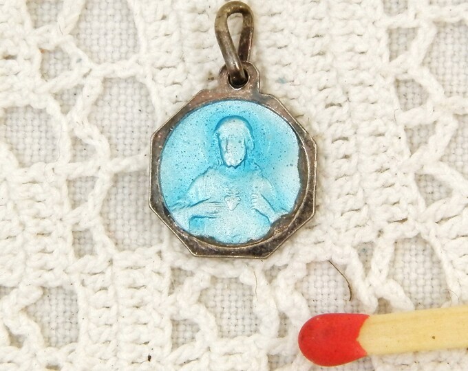Small Antique Silver and Blue Enamel Religious Medal Saint Anne on the Reverse is Jesus Christ, Christian Religion, Catholic Jewelry Small Antique Silver and Blue Enamel Religious Medal Saint Anne on the Reverse is Jesus Christ, Christian Religion, Catholic Jewelry
