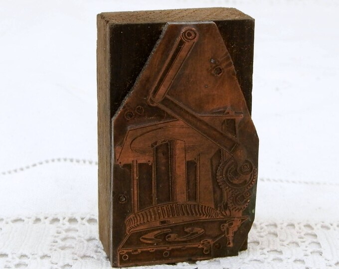 Antique Copper Plate Etching Plate, Metal Printing Block, Industrial Stamp, Mechanical Machinery with Winding Handle and Cogs, Brocante Antique Copper Plate Etching Plate, Metal Printing Block, Industrial Stamp, Mechanical Machinery with Winding Handle and Cogs, Brocante