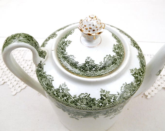Antique French Victorian Ceramic Coffee Pot with Ivy and Wild Rose Pattern in Dark Green by Saint Amand et Hamage Estival, Pottery China Pot