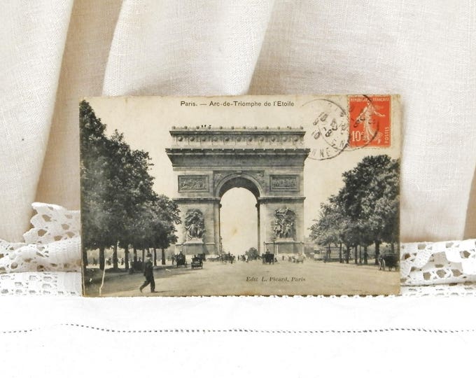 Antique French Postcard Arc de Triomphe the Top of the Champs Elysees in Paris with Horse Carriages and Early Automobile Car Posted in 1910