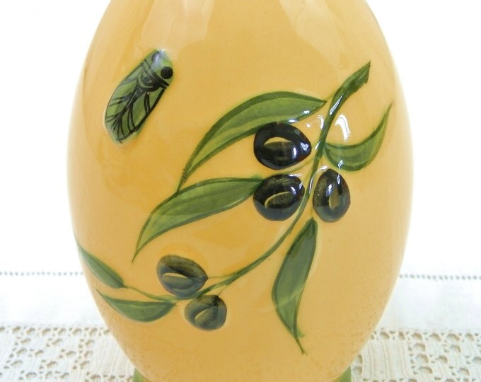 Vintage French Ceramic Yellow Provencals Mediterranean Olive Oil Bottle Branch and Cicada Pattern, Traditional Pottery South of France
