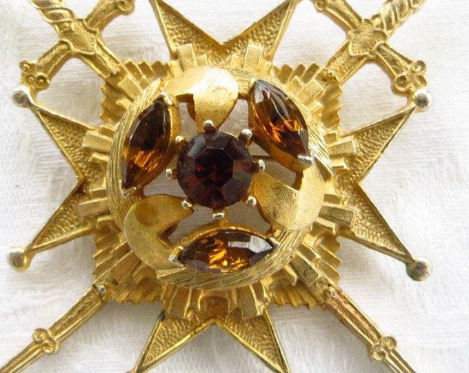 Maltese Cross Brooch, Malta Cross Pendant, Signed Rousseau, Vintage Heraldic Jewelry
