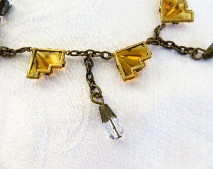 Art Deco Czech Necklace, Amber Vauxhall Glass, Faceted Fans, Clear Crystal Drops, Czech Glass