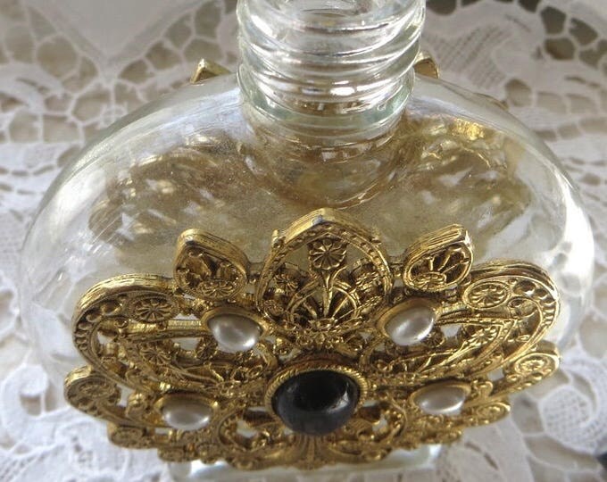 Filigree Perfume Bottle, Pearl and Onyx Stones, Vintage Vanity Bottle, Perfume Holder