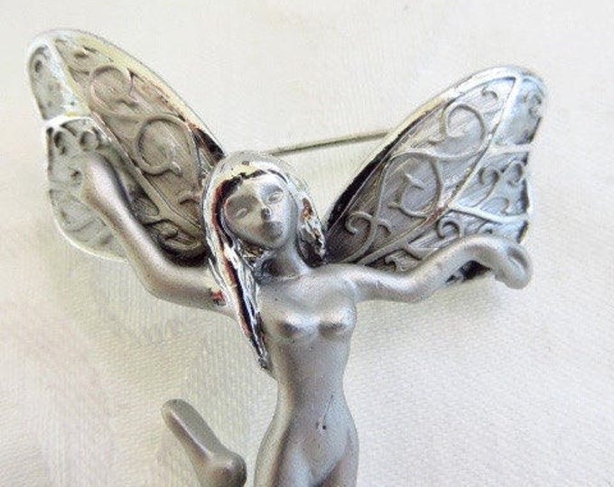 Art Nouveau Fairy Brooch, Silver Nude Fairy Pin, Garden Nymph, Vintage Fairy Jewelry, Fairy Garden