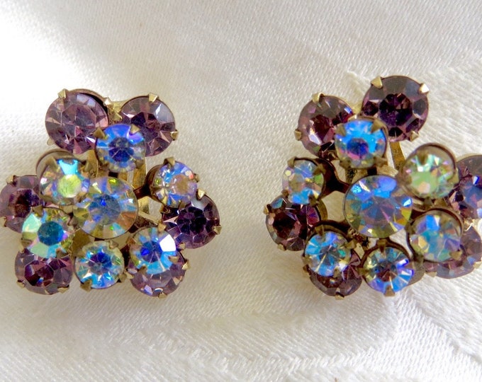 Juliana Rhinestone Brooch Set, Maltese Cross, Clip Earrings, Aurora Borealis & Lavender Rhinestones, 1960s Jewelry