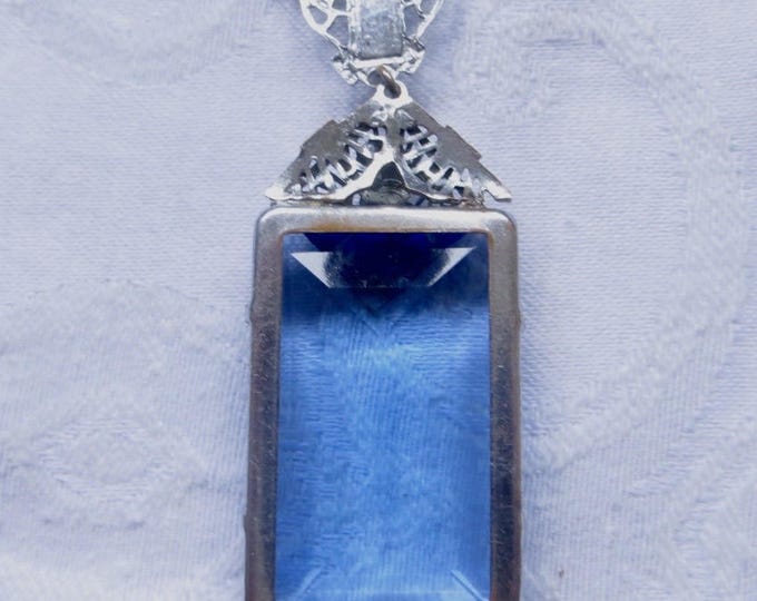 Antique Lavalier Necklace, Antique Art Deco Necklace, Cobalt Blue Emerald Cut Pendant, Rhodium Filigree Setting, Beaded Chain