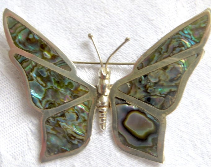 Vintage Butterfly Brooch, Sterling Butterfly Pin, Abalone Shell, Mexico Silver, Butterfly Jewelry, Bugs and Insects