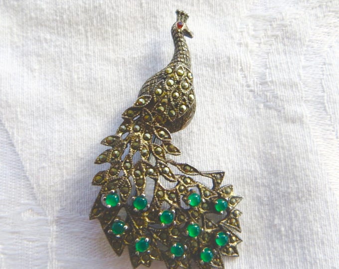 Vintage Sterling Peacock Brooch, Sterling Marcasite Peacock, Vintage Peacock Jewelry, Bird Pin, Bird Brooch