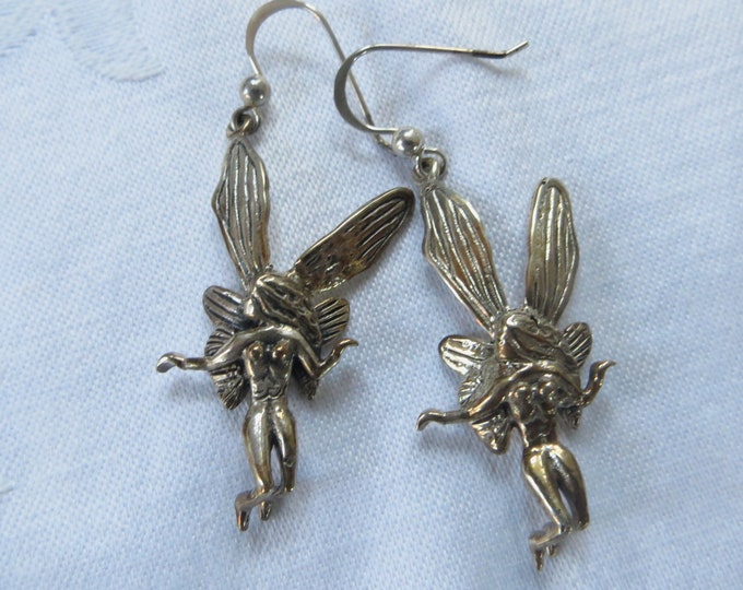 Sterling Silver Fairy Earrings, Silver Angel Earrings. Pierced Drop Earrings Vintage Angel Jewelry