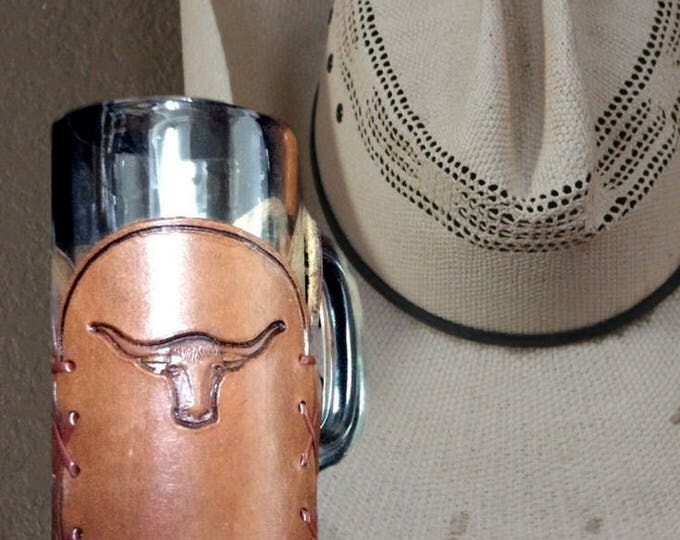 Rustic Beer Mug, Man Cave Beer Mug, Western Style Beer Stein, Heavy Glass Mug with Laced Leather Holder, Gift For Dad, Gift For Christmas