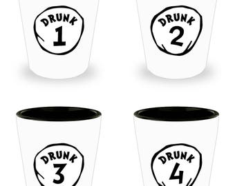 Dr. Seuss Drunk 1, 2, 3, and 4 Funny Shot Glass Gift Sarcastic Thing One Two (SET of 4)