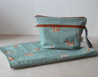 Diaper Pouch Wet Bag and Travel Changing Mat in Fox - Baby Shower Gift