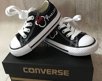 Adorable Minnie mouse glitter bow Shoes - personalized chuck taylors - customized converse - Mickey Disney - Birthday swag low top converse
