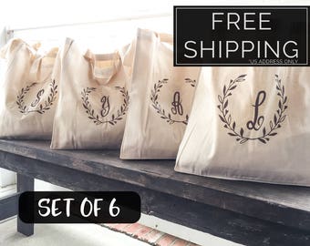 Set of Personalized Bridesmaid Tote Bags, Monogrammed Bridesmaid Gift, Rustic Canvas Tote Bags, Wedding Bridal Party Totes, Laurel Wreath
