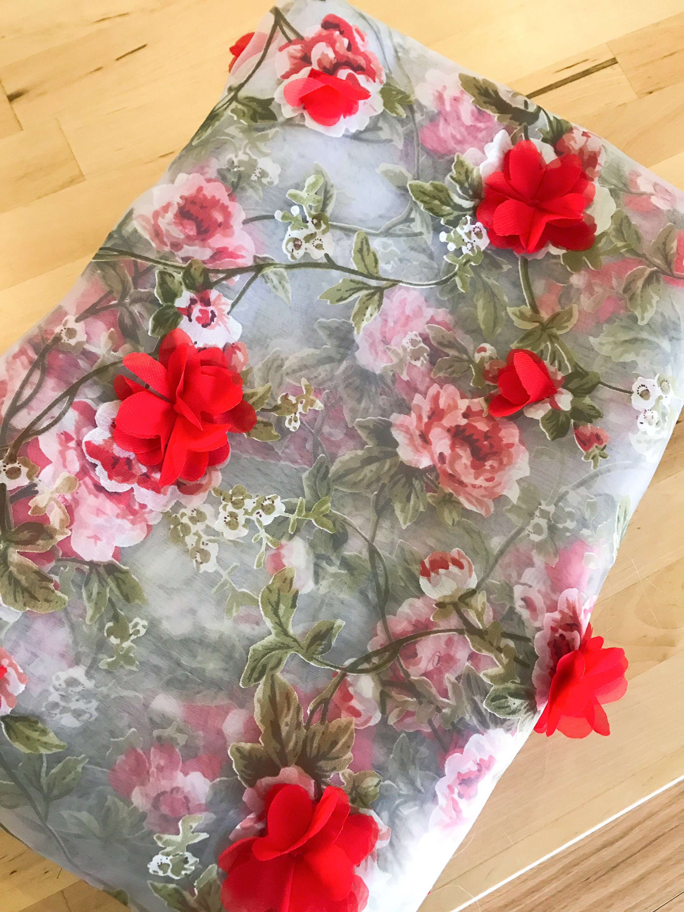 3D Organza lace fabric with Red chiffon rosette flowers