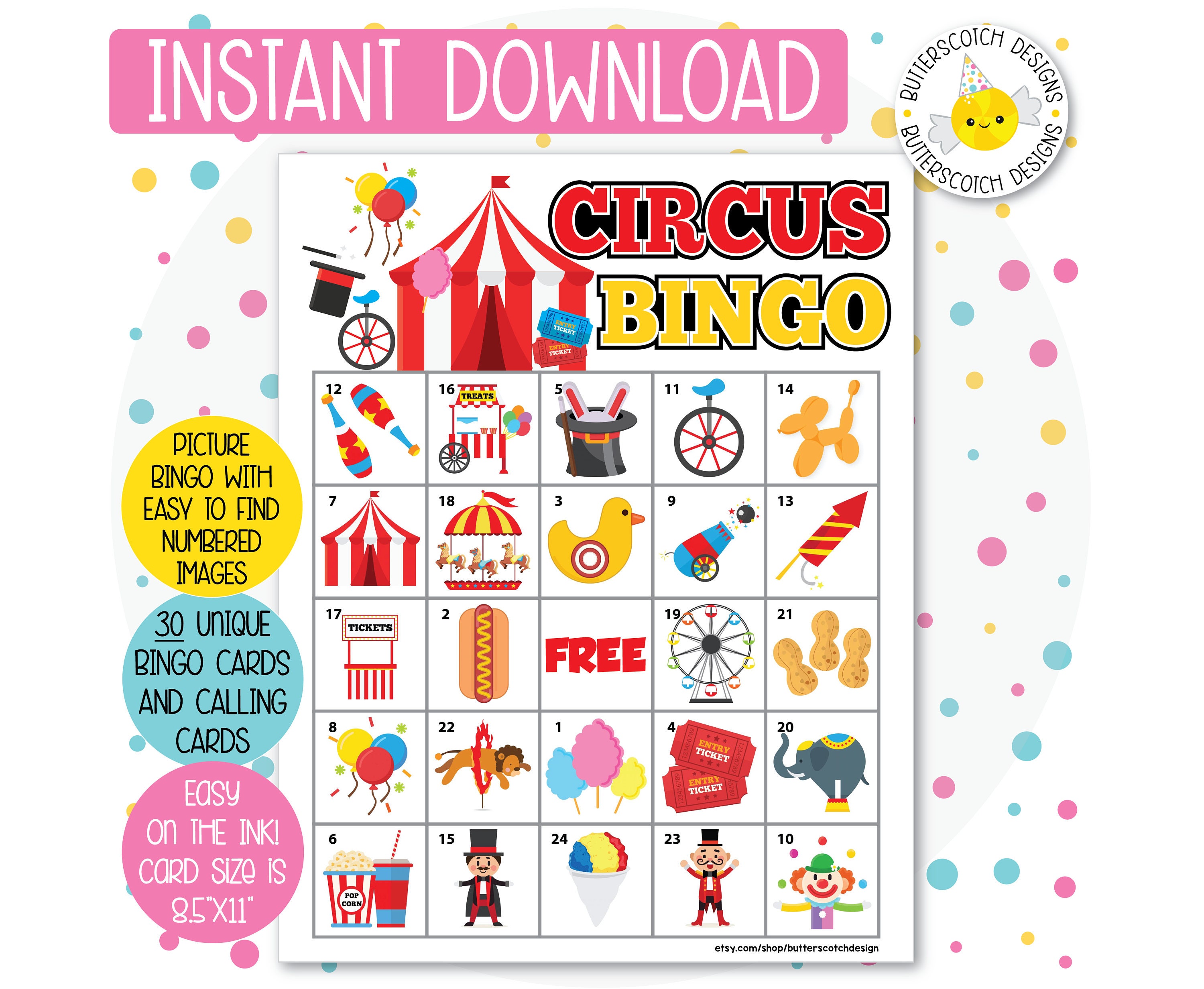 Circus / Carnival Printable Bingo Cards 30 Different Cards