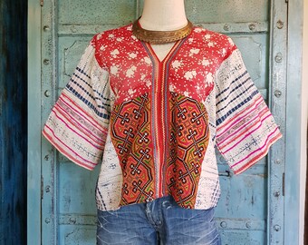 Vintage Batik Crop Top Handwoven Hmong Hilltribe Textile Boho Ethnic Fashion