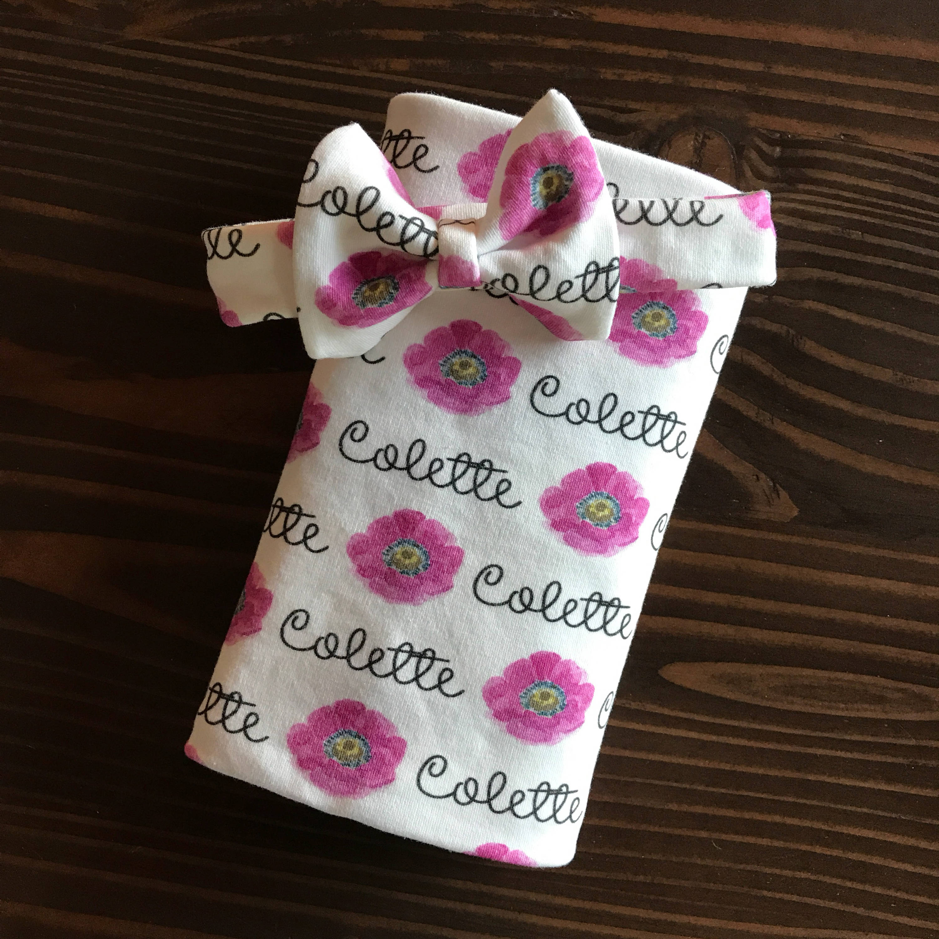 Personalized Organic Cotton Swaddle and Large Bow Headband