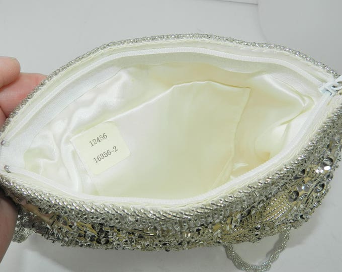 Vintage SILVER Beaded Purse, Formal Evening Bag, Dressy Purse, made in Macau, bridal ball prom wedding purse, 1950s wedding, gift for her