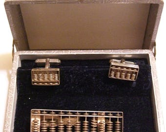 Vintage 1950's Sterling Silver Abacus Men's Tie Bar & Cufflinks