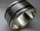 Mens Wedding Ring Sterling Silver Black Double Deep Groove Band 10mm Wide