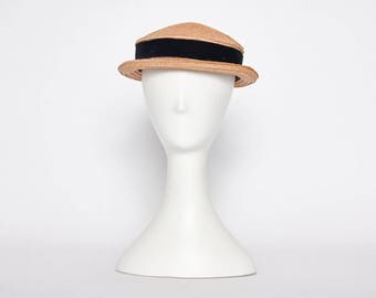 straw boater hat with black velvet vintage 1940s • Revival Vintage Boutique