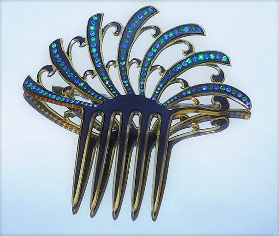 Large Antique Hair Comb 1900s Art Nouveau Victorian Backcomb French Celluloid Comb Emerald Green Sapphire Blue Rhinestone Hair Comb Wedding
