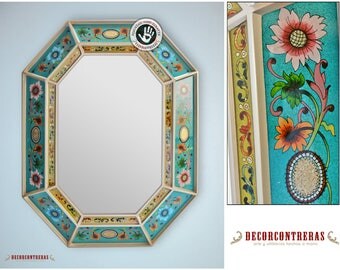 Large Decorative wall Mirror, 'Navy Floral' - Home Decor- Wall Mirror Decorative -Reverse Painted Glass Style- Bathroom Mirrors
