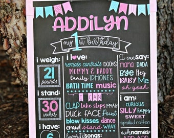 PINK AND AQUA party decorations, Printed Chalkboard Art, Favorite Things, 1st Years Stats, Pink, Turquoise, Girl 1st birthday