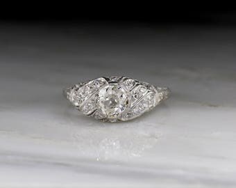 Antique Edwardian, Early Art Deco Engagement Ring in Platinum with Old Mine Cut Cut Diamond; Filigree; Engraving R664