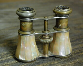 Vintage French Chevalier Paris Opera Glasses, brass and gold mother of pearl. Glasses are in very good cosmetic condition,pearl is excellent