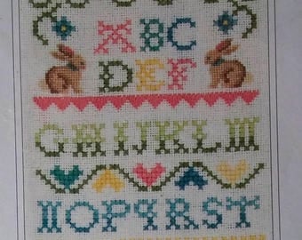 On Sale, Design Works, La Petite Banniere, "Two Little Rabbits Sampler", 4.75 x 17", Cross Stitch Kit, Bunny Rabbit Sampler, Nursery Sampler